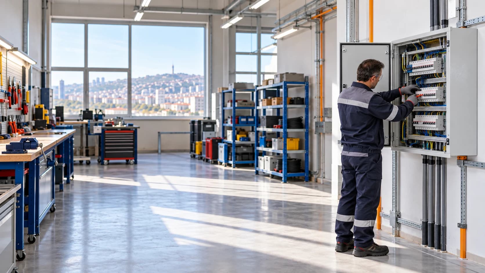 Elektrik panosunda çalışan teknisyen